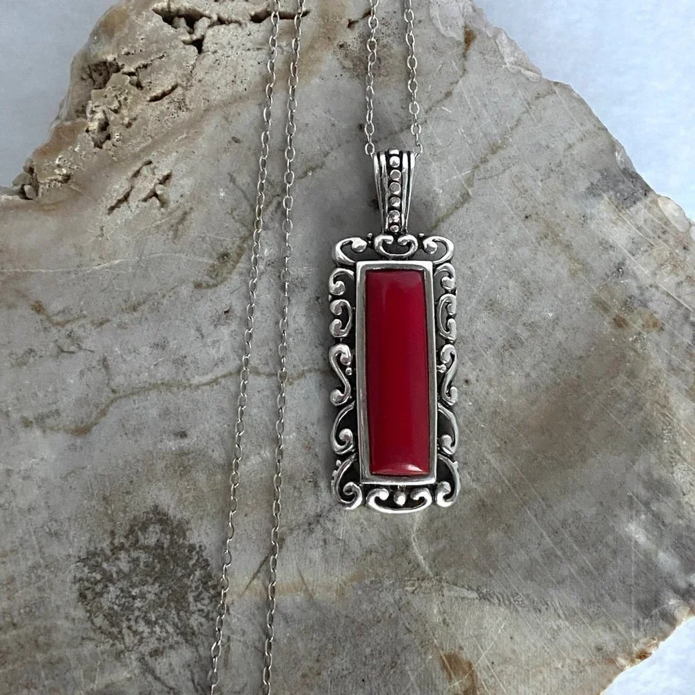 Sterling Silver 925 Faux Red Coral Rectangular Scrollwork Pendant Necklace 20